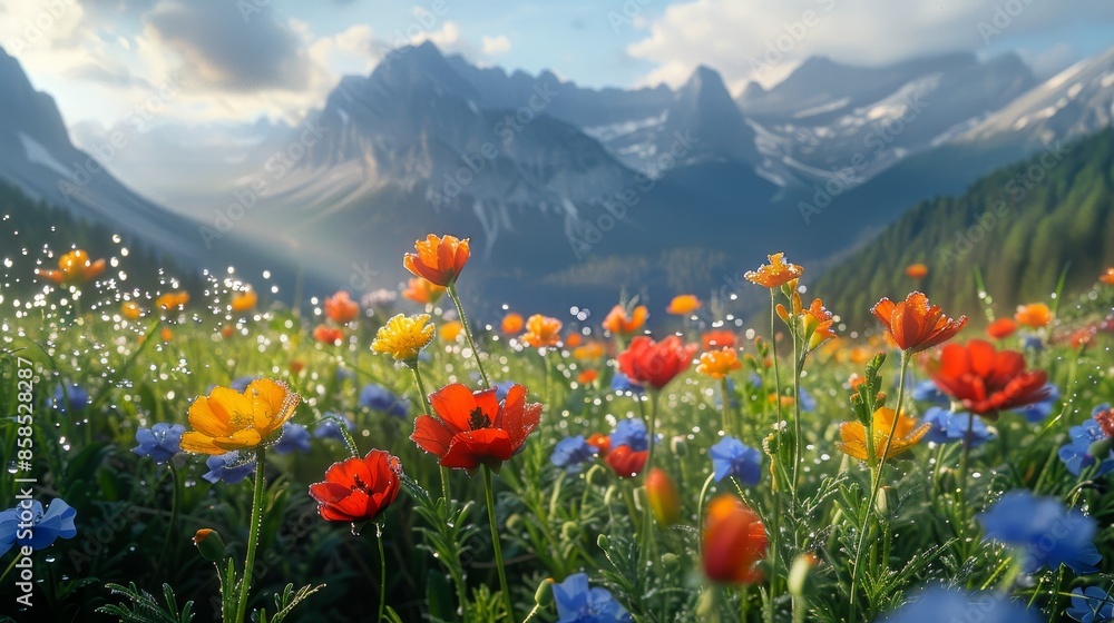 Mountain meadow flowers in morning dew Mountain meadow flowers in morning dew