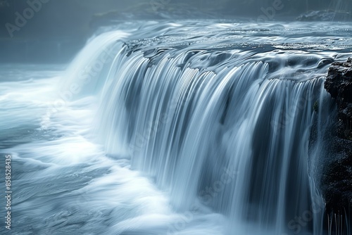 Powerful Waterfall Cascading in River, Long Exposure Scenic Nature