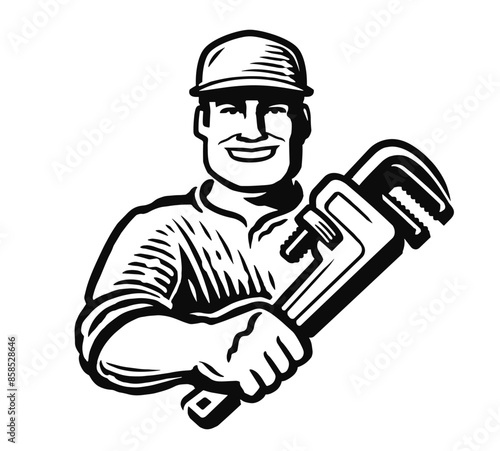 Happy working plumber with plumbing wrench. Service, construction work emblem or logo