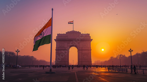 Early morning sunrise on india gate New Delhi with Indian flag waving in air photo