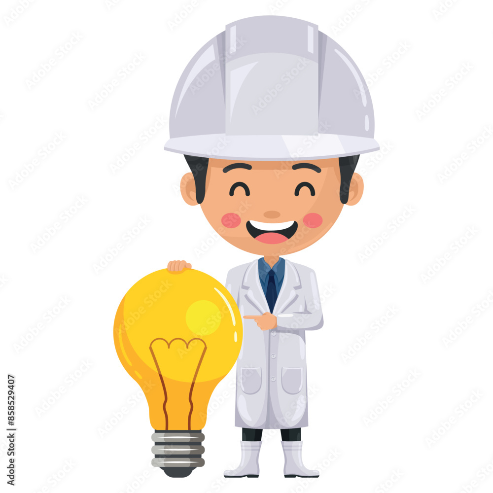 Quality control happy supervisor with a light bulb. Food industry engineer. Creative concept for the generation of ideas. Chief food safety engineer. Science, technology and safety in food production Quality control happy supervisor with a light bulb. Food industry engineer. Creative concept for the generation of ideas. Chief food safety engineer. Science, technology and safety in food production