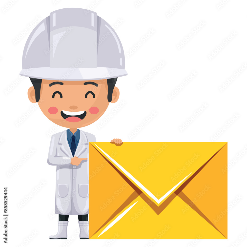 Quality control happy supervisor with letter envelope for email. Food industry engineer. Concept of notification and contact. Chief food safety engineer. Safety in food production and processing Quality control happy supervisor with letter envelope for email. Food industry engineer. Concept of notification and contact. Chief food safety engineer. Safety in food production and processing