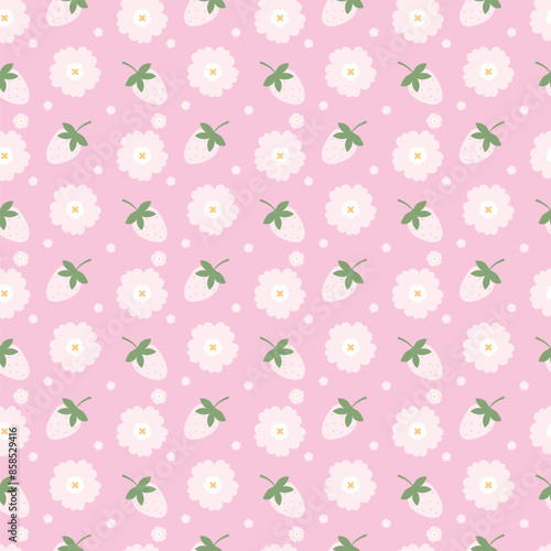 Wallpaper Mural Cute kawaii pink strawberry with flower pattern background Torontodigital.ca