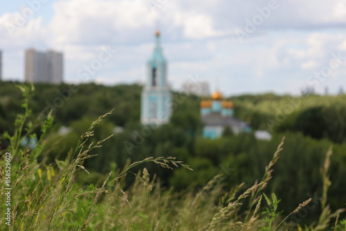 
Church of the Nativity of the Blessed Virgin Mary in Krylatskoye, Moscow. Beautiful Orthodox Christian temple on the hills. photo