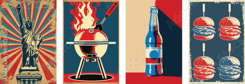 Set of American 4th July celebration posters. With iconic American icons. Patriotic USA background