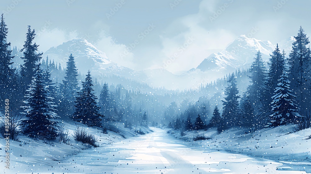 Winter roads with trees at the edges, blank central space, peaceful winter journey, atmospheric handdrawn scene, perfect for serene travel themes Winter roads with trees at the edges, blank central space, peaceful winter journey, atmospheric handdrawn scene, perfect for serene travel themes