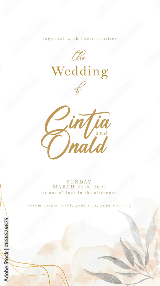 wedding invitation card with simple watercolor leaves background wedding invitation card with simple watercolor leaves background