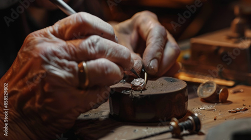 A skilled jeweler carefully works with a precious gemstone, a close-up view reveals intricate details.