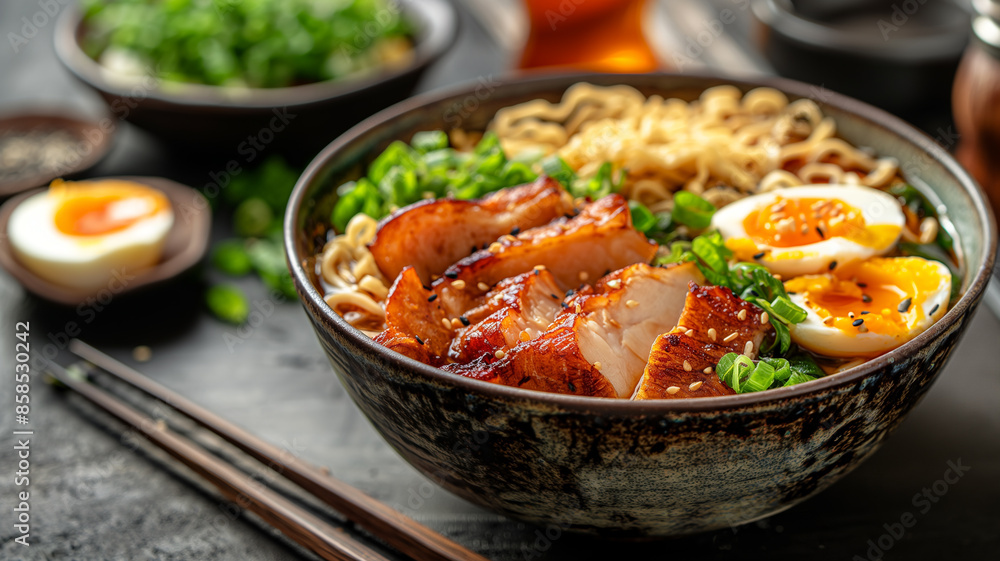ramen noodles with pork belly and a soft-boiled egg. ramen noodles with pork belly and a soft-boiled egg.