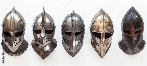 Set of Medieval Knight Helmets isolated on white background photo