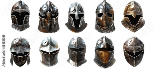 Set of Medieval Knight Helmets isolated on white background photo