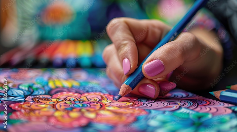 Close-up of hand coloring intricate design Close-up of hand coloring intricate design