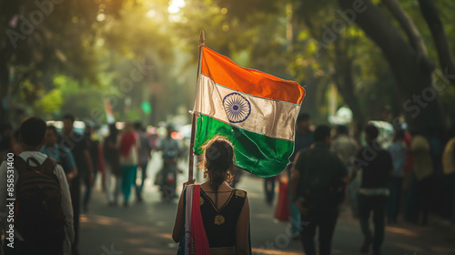 Woman holding huge Indian flag fluttering proudly in the wind