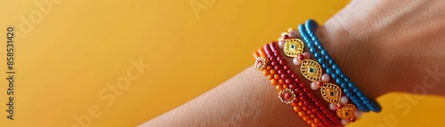 Colorful handmade beaded bracelets on a person's wrist against a vibrant yellow background, showcasing ethnic jewelry and accessories. photo