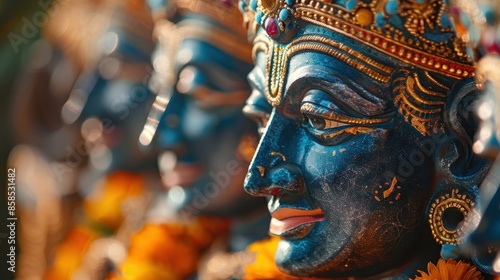 Close-up of blue Hindu deity statues adorned with intricate details and vibrant garlands, showcasing traditional spiritual art and culture.