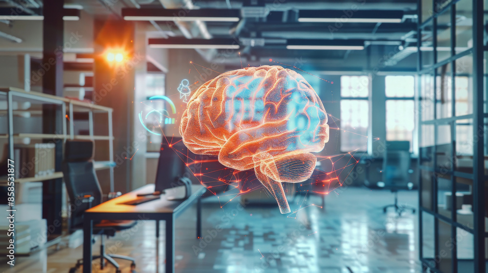 A picture of a brain and a hologram float inside an office space with its windows in the background. A picture of a brain and a hologram float inside an office space with its windows in the background.