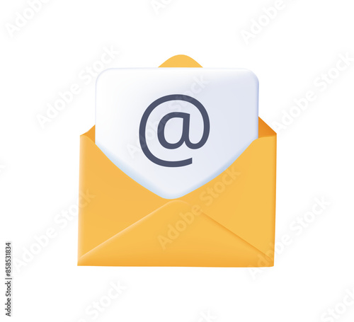 3D email icon isolated on white background. Open envelope pictogram illustration. Modern mail symbol for website design