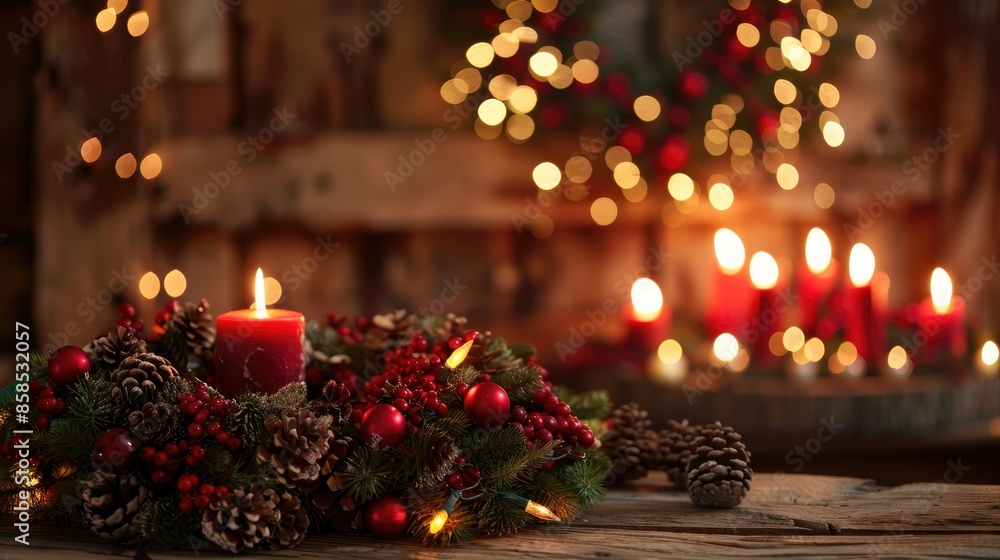 Christmas atmosphere with a fresh spruce wreath and lights Christmas atmosphere with a fresh spruce wreath and lights