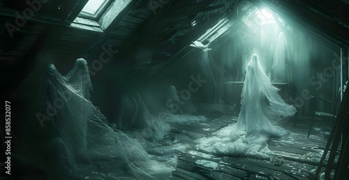 Fototapeta Naklejka Na Ścianę i Meble -  A creepy scene with a woman in a white dress and a ghostly figure