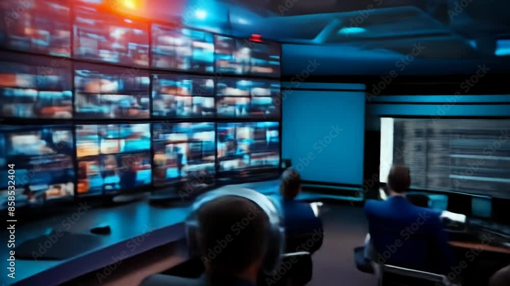 Advanced Media Broadcast Control Room with Multiple Screens Displaying Surveillance, Live Broadcasting, and Telecommunication Content in a High-Tech Environment Advanced Media Broadcast Control Room with Multiple Screens Displaying Surveillance, Live Broadcasting, and Telecommunication Content in a High-Tech Environment