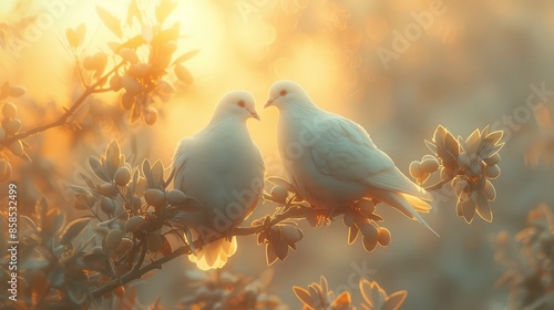 A pair of white doves sitting on an olive branch with berries, in the warm light of sunrise. photo