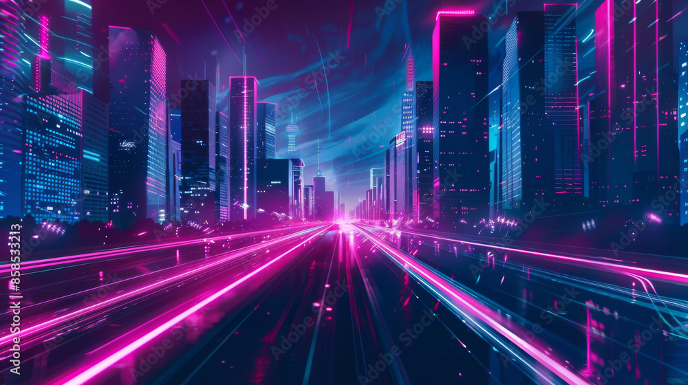 Neon lights illuminate a sleek highway slicing through a futuristic metropolis. Neon lights illuminate a sleek highway slicing through a futuristic metropolis.