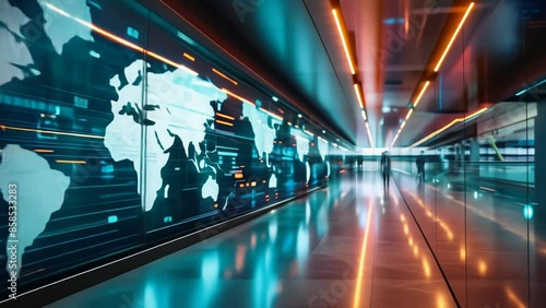 Futuristic Airport Corridor with Interactive World Map Display Highlighting Global Travel and Connectivity in the Digital Information Age, Evening Setting, Advanced Technology, and Modern Design
