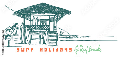 Hand-drawn illustration of coastal landscape with rustic bungalow and surfboards.
