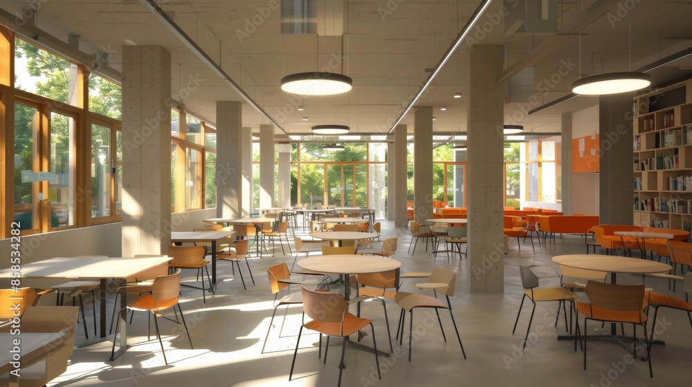 A bright and airy student lounge with ample seating, perfect for studying, socializing, or taking a break. Generative AI A bright and airy student lounge with ample seating, perfect for studying, socializing, or taking a break. Generative AI