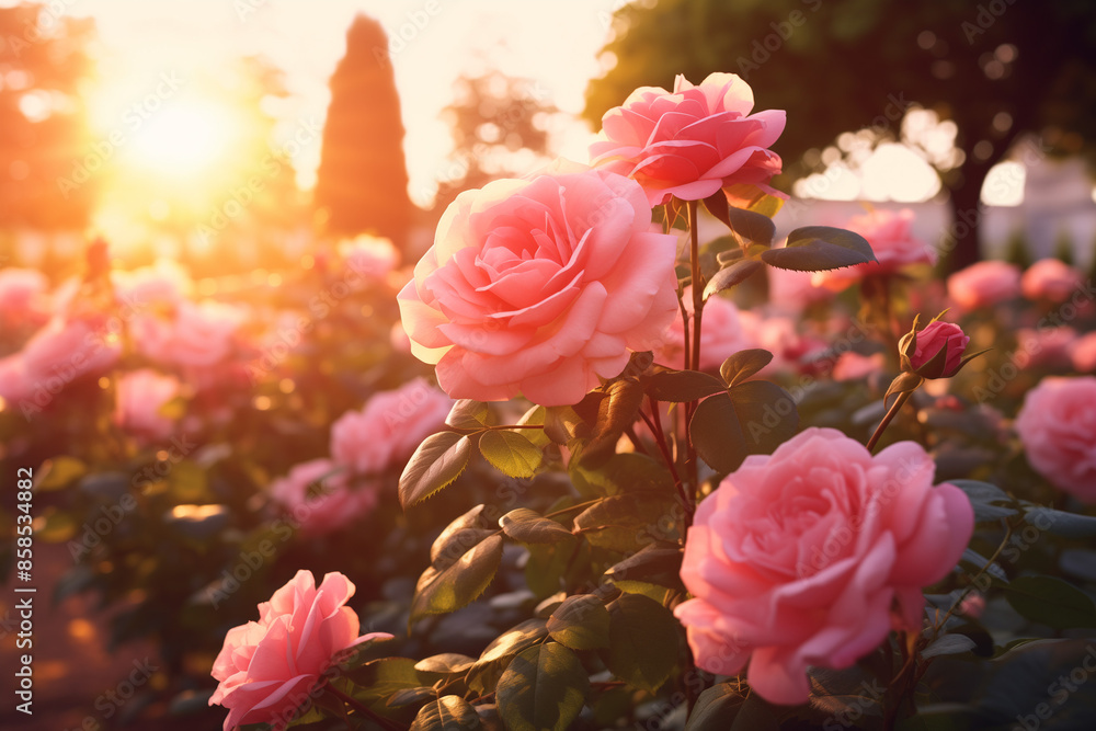 Beautiful Pink Roses in a Sunlit Garden with Copy Space Beautiful Pink Roses in a Sunlit Garden with Copy Space