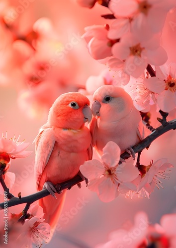 colorful parrots interacting on a branch, against a backdrop of bright, blooming flowers