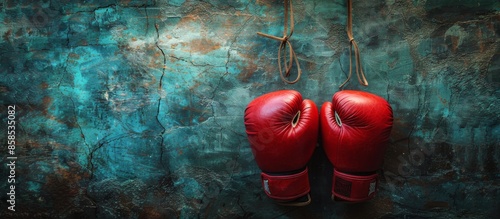Red Boxing Gloves Hanging on a Blue Wall