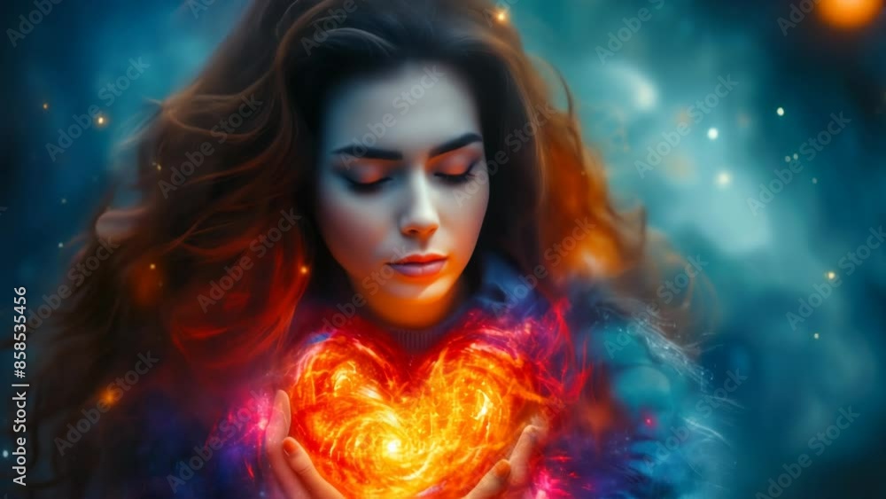 Mystical Woman Embracing a Luminous Heart-shaped Nebula at Twilight, Symbolizing Cosmic Love and Emotion, with Vibrant Colors and Ethereal Atmosphere in a Dreamlike Fantasy Setting Mystical Woman Embracing a Luminous Heart-shaped Nebula at Twilight, Symbolizing Cosmic Love and Emotion, with Vibrant Colors and Ethereal Atmosphere in a Dreamlike Fantasy Setting