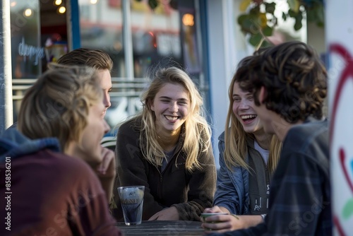 Group of friends sitting at a table in an outdoor cafe and talking