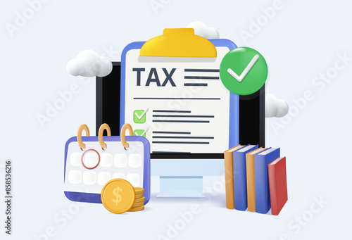 Taxes illustration set. Characters using tax calendar to filling tax declaration form online and with financial advisor. 3D illustration. Taxation planning concept. Vector illustration