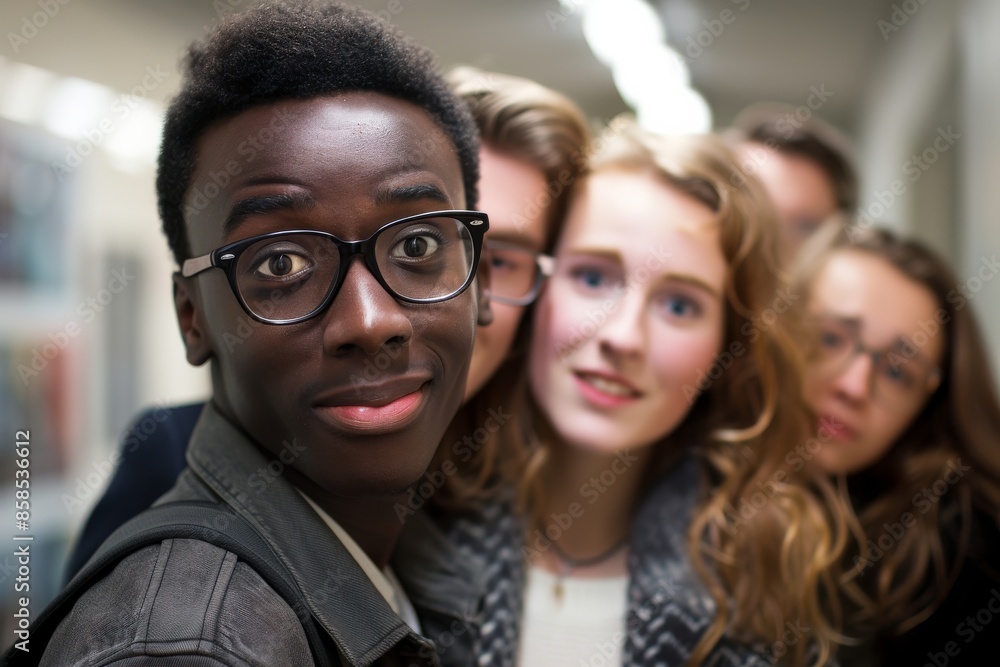 Portrait of a group of students standing in a university corridor. Portrait of a group of students standing in a university corridor.