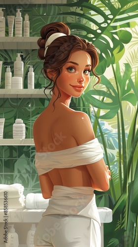 beautiful caucasian woman in spa salon on green leaves background, treatments, vertical, spa day, care cosmetics
