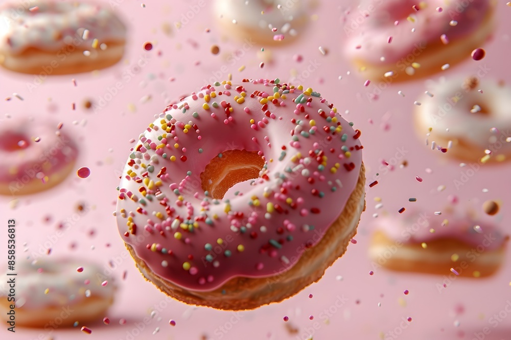 Colorful Sprinkled Donuts on Pastel Pink Background with Whimsical Arrangement Colorful Sprinkled Donuts on Pastel Pink Background with Whimsical Arrangement