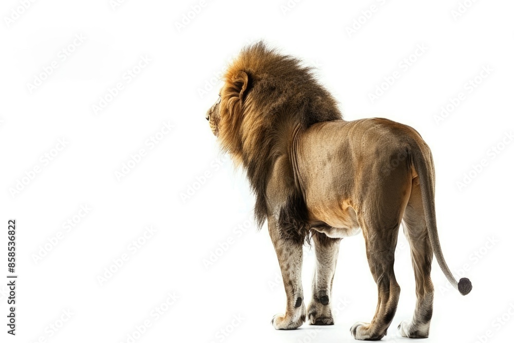 Naklejka premium Back view on a male lion looking away isolated on white