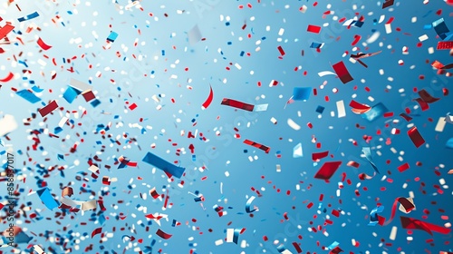 Patriotic Confetti Falling in Sky Red, white, and blue confetti falling against a blue sky, with ample space for text The celebration background and festive sky add a joyful touch