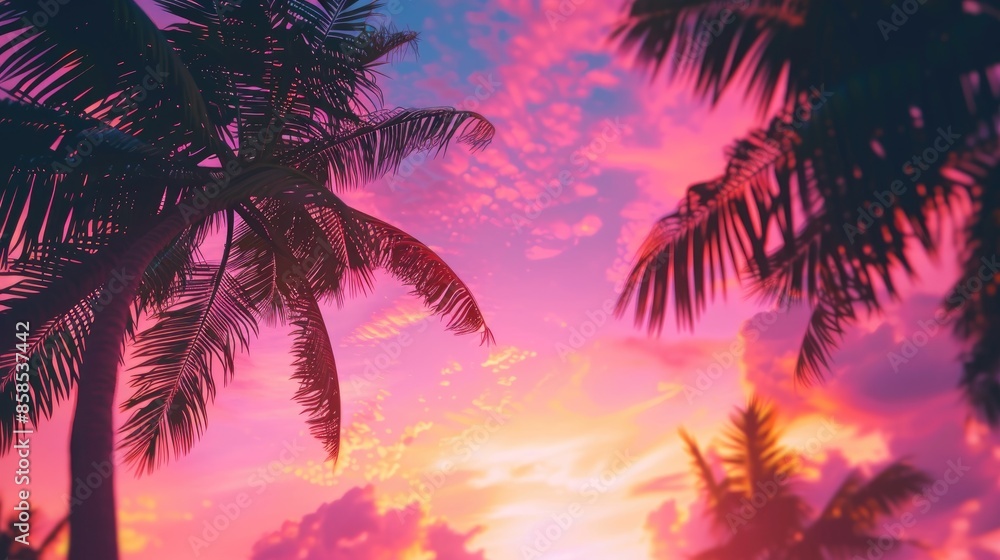 Colorful Sunset Background with Palm Trees and Coconuts Colorful Sunset Background with Palm Trees and Coconuts