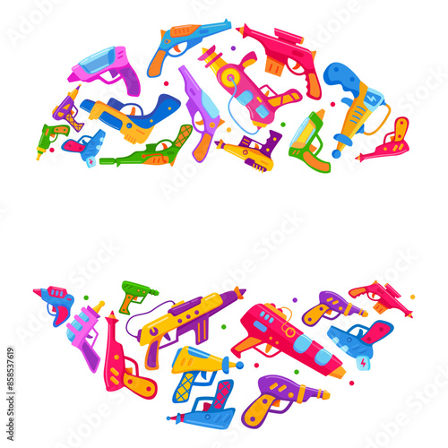 Round frame space blaster guns.Laser handguns weapon.Blaster kid toy guns.Handguns or rayguns weapon.Futuristic weapon.Laser pistol.Vector flat illustration.