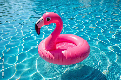 Summer Swimming Pool Pink Flamingo Toy on Transparent Background photo