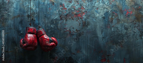 Red Boxing Gloves Hanging on Blue Wall