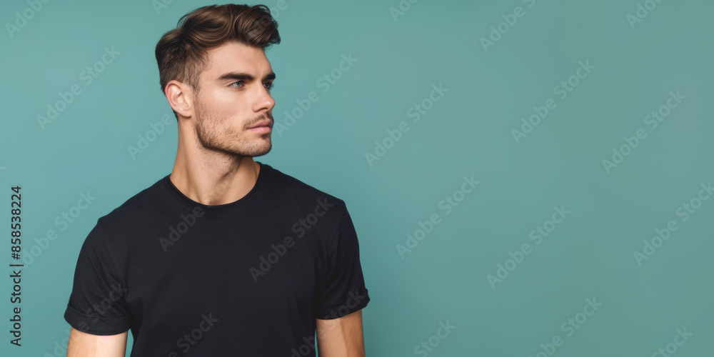 Male model wearing classic black cotton T-shirt on a teal color background with copyspace Male model wearing classic black cotton T-shirt on a teal color background with copyspace
