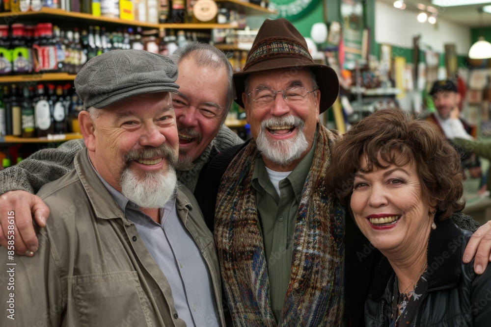 Mature men and women smiling at the camera while standing in a market Mature men and women smiling at the camera while standing in a market