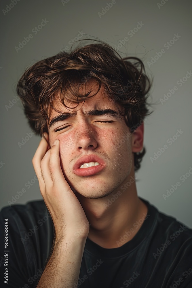young man with toothache on a gray background young man with toothache on a gray background