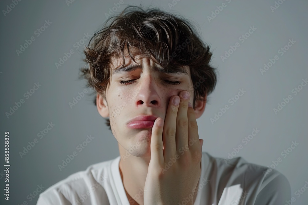 young man with toothache on a gray background young man with toothache on a gray background