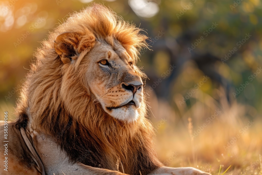 Obraz premium Portrait of a strong male lion with the African savanna