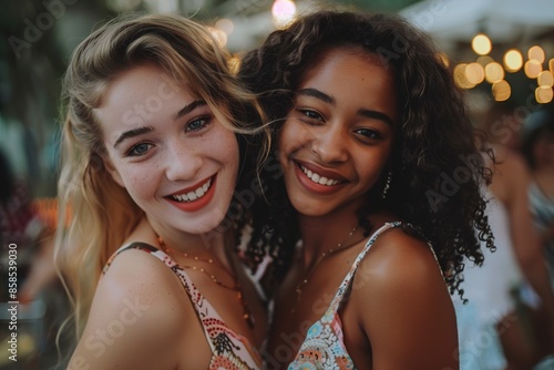 A Young women in fashionable dresses smiling looking